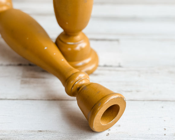 mustard yellow, candle holders, candleholders, set of two candlesticks, wooden candlesticks, dark yellow candlesticks, poplar landing