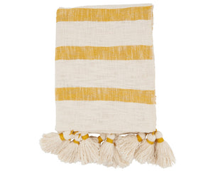 Mustard yellow striped blanket

Upgrade your home decor with this striped tassel throw blanket. The stylish stripes and elegant tassels give it a sophisticated look, while the soft fabric ensures maximum comfort. Whether you're curling up with a good book or adding a decorative touch to your living space, this high-quality throw is the perfect choice.

Materials:
Cotton blend

Dimensions:
50" wide x 60" long

Care:
Machine washable