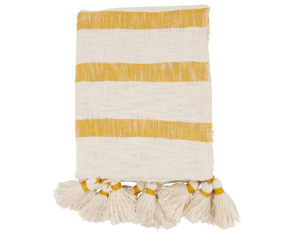 Mustard yellow striped blanket

Upgrade your home decor with this striped tassel throw blanket. The stylish stripes and elegant tassels give it a sophisticated look, while the soft fabric ensures maximum comfort. Whether you're curling up with a good book or adding a decorative touch to your living space, this high-quality throw is the perfect choice.

Materials:
Cotton blend

Dimensions:
50