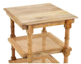 A rustic 3-tier wooden side table with a natural wood top and shelves, featuring a woven cane rattan pattern on the lower shelf and turned bamboo-style legs, shown on a white background.