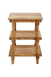 A 24-inch high three-tier square accent side table made of natural light mango wood, featuring a solid top and two open shelves detailed with classic woven radio-weave cane webbing inserts.