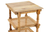 Wooden side table with a rattan shelf on a white background