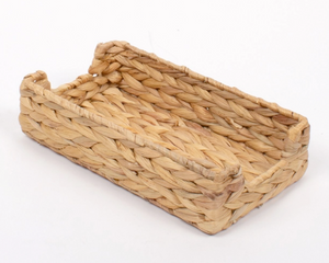 This guest towel tray is an elegant addition to your bathroom vanity or outdoor bar cart. Combining sophisticated design and functionality, this guest towel tray is a statement piece as lovely as it is utilitarian. Meticulously crafted from water hyacinth with a basketweave pattern, its natural warmth exudes an air of elegance, bringing a bit of the outdoors in.

Materials:
Water hyacinth

Dimensions:
5" wide x 2" high x 9" long