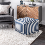 Contemporary striped blue &amp; white ottoman pouf

Update your home with this versatile contemporary ottoman. Made to withstand both indoor and outdoor conditions, this pouf features a blue and white striped design that is perfect for a beach house.

Materials:
Polyester

Dimensions:
20" wide x 14" high x 20" deep&nbsp;