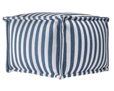 Contemporary striped blue &amp; white ottoman pouf

Update your home with this versatile contemporary ottoman. Made to withstand both indoor and outdoor conditions, this pouf features a blue and white striped design that is perfect for a beach house.

Materials:
Polyester

Dimensions:
20" wide x 14" high x 20" deep&nbsp;