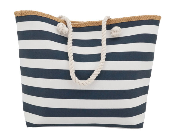 Navy and white striped tote bag with rope handles on a white background