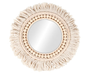 Bohemian style neutral fringe mirror

Featuring a border of cotton ropes with fringe ends and wooden beads around the edge, this mirror adds just the right amount of bohemian style to your space. It is easy to display via the attached hanger on the back.&nbsp;

Materials:
Fabric, wood, glass

Dimensions:
13 3/4" diameter