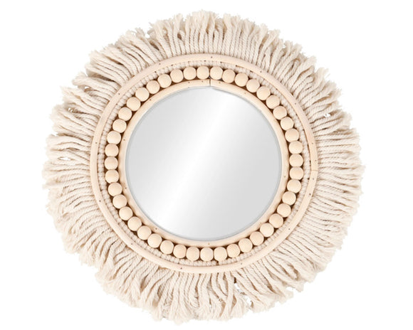Bohemian style neutral fringe mirror

Featuring a border of cotton ropes with fringe ends and wooden beads around the edge, this mirror adds just the right amount of bohemian style to your space. It is easy to display via the attached hanger on the back. 

Materials:
Fabric, wood, glass

Dimensions:
13 3/4