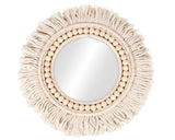 Bohemian style neutral fringe mirror

Featuring a border of cotton ropes with fringe ends and wooden beads around the edge, this mirror adds just the right amount of bohemian style to your space. It is easy to display via the attached hanger on the back.&nbsp;

Materials:
Fabric, wood, glass

Dimensions:
13 3/4" diameter