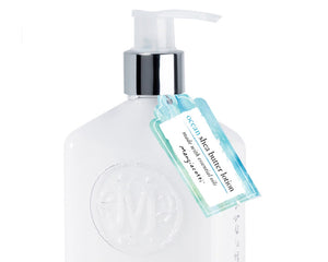Clear lotion bottle with pump and blue label on a white background