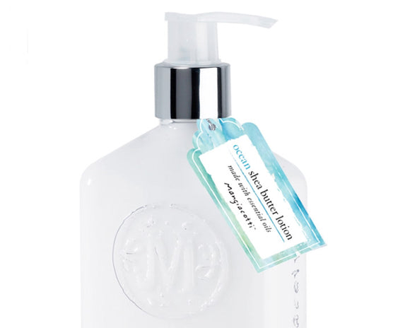 Clear lotion bottle with pump and blue label on a white background