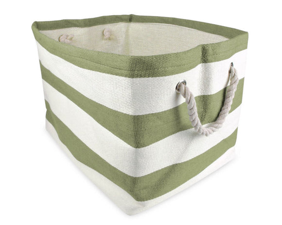 Green and white striped storage basket with handles on a white background