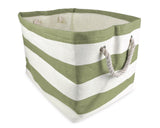 Green and white striped storage basket with handles on a white background