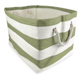 Green and white striped storage basket with handles on a white background