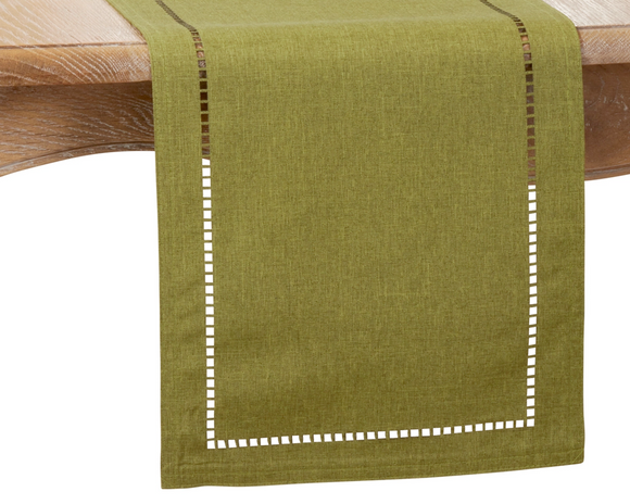 olive green table runner with hemstitch accent
