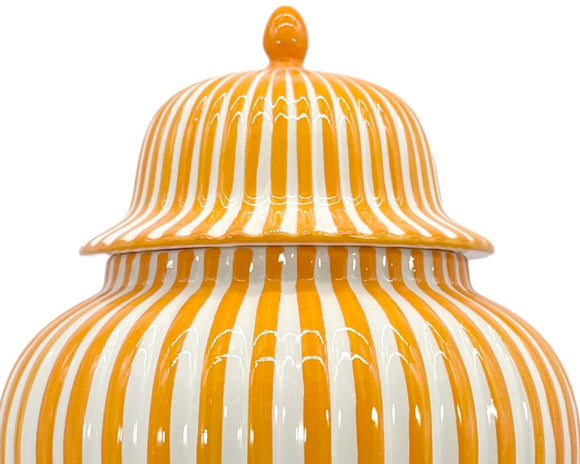 Orange striped ginger jar with lid

Add whimsical flair to your cabin or lake house with this fun ginger jar. It features an orange and white striped design with a matching lid. It is perfect for year-round use or during autumn.

Materials:
Ceramic

Dimensions:
11 3/4