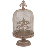 This metal display piece features a pedestal and a removable bell-shaped wire cover resembling a vintage cloche with distressed details. Our vintage style wire cloche is perfect for displaying a plant or various greenery on the pedestal.&nbsp;

Materials:
Metal

Dimensions:
9" diameter x 18 1/4" high