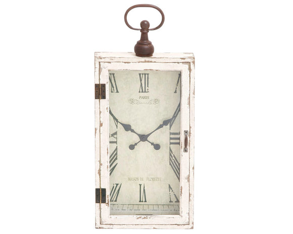 Keep track of time in style with this vintage-inspired white wall clock. Requires 1 AA battery, not included. The clock face features Roman numerals framed by a wooden case that is painted in an antique white and brown finish. At more than 2 feet long, this clock would look great in a kitchen.
