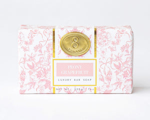 Luxurious peony grapefruit hand &amp; body lotion

Introducing our luxurious bar soap in a captivating peony grapefruit fragrance. This soap features a delightful blend of fresh grapefruit, jasmine, and blooming peony notes. This soap transports you to a world of refreshing indulgence! And given its gorgeous pink floral toile packaging, it makes an elegant addition to your space.

Ingredients:
Sodium palmate, Sodium palm kernelate, Water, tetrasodium EDTA,&nbsp;
fragrance, glycerin, sodium chloride
