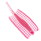 Preppy hot pink &amp; white gingham cosmetic bag

This pouch is one of our favorite picks for traveling! Boxy sides help this bag keep its kit-like shape, while the gingham print accents make it fun and a blank canvas for monogramming in a contrasting color. It comfortably holds makeup and travel sized toiletries.

Materials:
Cotton

Dimensions:
6" wide x 3" deep x 10" long