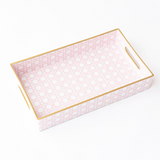 Pink, gold, white vanity tray with geometric design