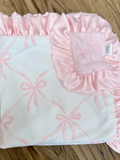 Luxurious pink ribbon blanket
*Made to order*

Made from high-quality Minky fabrics, which comprise luxuriously soft microfibers, this pink and white baby blanket features a matching satin ruffle trim. It is the perfect size for nap time cuddles. This blanket would be a great choice for a baby shower gift.

This item is proudly made in the USA.

Materials:
Minky fabrics

Dimensions:
30" wide x 30" high

Care:
These blankets should be washed on a gentle cycle by themselves, in cold water and mild non-chlorin
