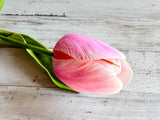 Pink tulip on a textured wooden surface