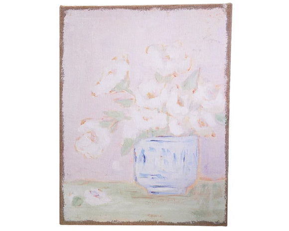 Add classic charm to a guest room with this lovely wall hanging. It features a pink floral print that has been plastered onto a burlap backing. This piece would also work well in a nursery or bedroom. And it makes for a great gift.

Materials:
Burlap

Dimensions:
18