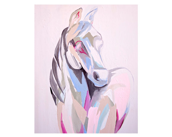 Add a pop of color to your daughter's bedroom with this gorgeous piece of artwork by Nicki Peeples. This print features a light pink horse with shades of lavender and blue. At almost 3 feet long, this piece will make a lively statement in your space.<br>