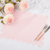 Light pink scalloped hem dining table placemat

These lovely placemats are perfect for spring or your shabby farmhouse chic dining area. Each placemat features a scalloped edge with a white hem along the border. These are a stylish way to romanticize the ordinary.&nbsp;

These placemats are sold individually or in sets of four.

Materials:
Cotton blend

Dimensions:
14" high x 20" wide

Care:
Machine washable