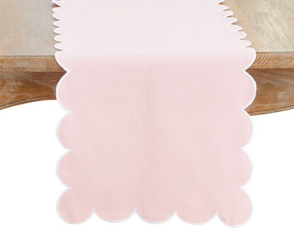 Pink scalloped table runner on a wooden surface, spring decor, cottage chic decor