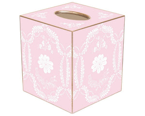 This pink toile decoupage tissue box cover is handmade to order by a wonderful team in Houston. They easily slide over any cubed tissue box cover. The artwork is hand-cut, decoupaged, and polished. Each tissue box cover is hand-painted in gold around the edges as the finishing touch.

This item is proudly made in the USA.
