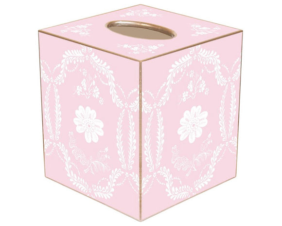 This pink toile decoupage tissue box cover is handmade to order by a wonderful team in Houston. They easily slide over any cubed tissue box cover. The artwork is hand-cut, decoupaged, and polished. Each tissue box cover is hand-painted in gold around the edges as the finishing touch.

This item is proudly made in the USA.
