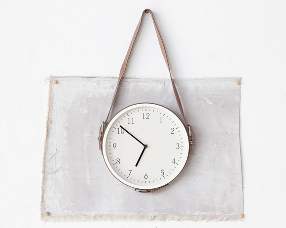 Wall clock, Wall hanging clock, Neutral clock with brown leather adjustable strap, Clock that hangs using leather strap, Simple wall clock, JaBella Designs, Pottery Barn style, Fixer Upper style, Shopify