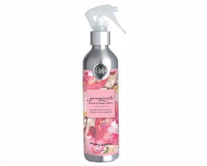 This 8-ounce bottle of room spray features notes of pomegranate, sparkling citrus, juicy papaya, with hints of blackberry, iris, jasmine and a base note of red cassis. The spray is packaged in a silver bottle and floral-themed label. Spritz this spray onto bed sheets, blankets, pillows, rugs, and around any room in the home for a clean and uplifting ambience. This is a great product to add to a gift basket or Christmas stocking.

This item is proudly made in the USA.