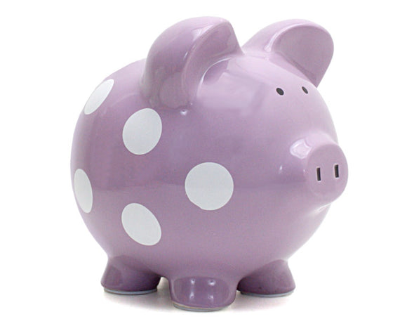 Lavender purple polka dot dolomite piggy bank