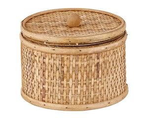 Round rattan box with lid  This stylish woven rattan container features a lid with a knob. It is just the right size for a bathroom counter or small entryway table. This basket also makes for a great a affordable gift.&nbsp;  Material: Rattan  Dimensions: 6 1/2" round x 5 1/2" high