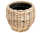 Round woven rattan pot cover with plastic liner

With its soft, curved silhouette, this pot cover adds organic elegance to your greenery. Designed for generous foliage or flowering plants, this handwoven piece brings an earthy, sculptural presence to patios, porches, and interiors alike. The built-in plastic liner protects the rattan while keeping care simple and mess-free.&nbsp;

Materials:
Rattan, plastic

Dimensions:
10" high x 13" diameter
