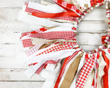 Red gingham plaid country rag-tie fabric banner