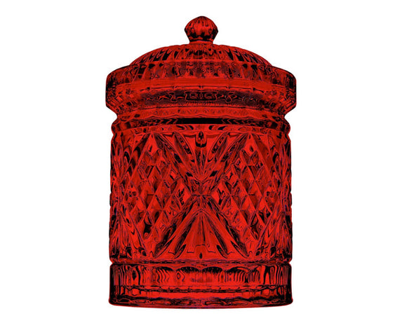 Red glass jar with a lid on a white background