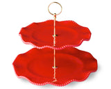 Red pearl ruffle round tiered serving tray