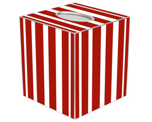 Tissue box cover with red and white vertical stripes on a white background