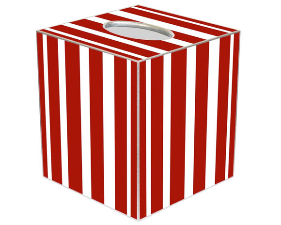 Tissue box cover with red and white vertical stripes on a white background