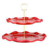 Red pearl ruffle round tiered serving tray