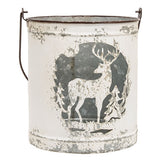 A distressed white metal bucket lantern with a dark gray deer silhouette cutout on the front, featuring a rustic weathered finish and a metal handle.