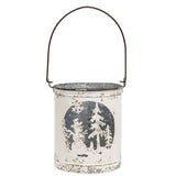 A distressed white metal bucket lantern with a dark gray winter tree design and a dark metal carrying handle, shown against a plain white background.