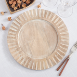 Natural ribbed wood plate charger

Set a charming, rustic table with these wooden round charger plates. They work well with a very wide range of dinnerware and add a custom touch to your table setting. The wooden construction gives texture to each place setting.&nbsp;

Materials:
Wood, felt pads

Dimensions:
13" diameter

Care:
Clean with a damp cloth