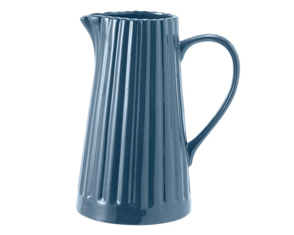 Ribbed navy blue stoneware serving pitcher
