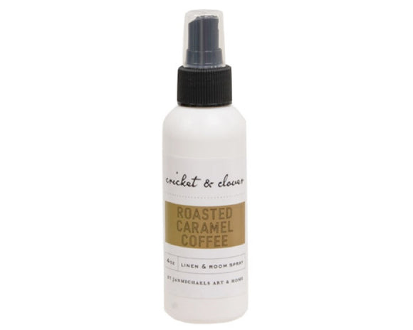 White spray bottle labeled 'Roasted Caramel Coffee' on a white background