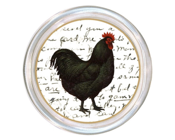 Round coaster with a rooster illustration on a white background